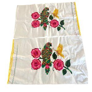 Set Of 2 Embroidered Pillow Covers/Shams Standard Size Parrot Flower Butterfly